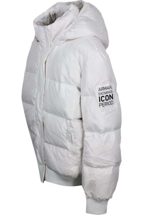 Real Goose Down Bomber Jacket With Removable Hood And Zip Closure With Knitted Cuffs And Bottom