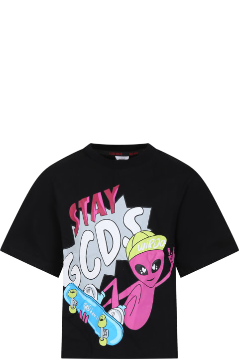 GCDS Mini Women GCDS Mini Black T-shirt For Boy With Alien Print And Logo