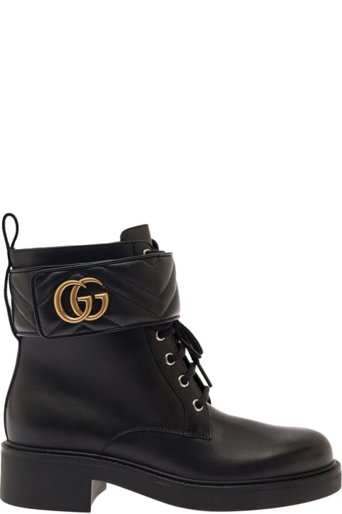ウィメンズ Gucciのブーツ Gucci Black Ankle Boot With Double 'g' And Textured Hardware In Leather Woman