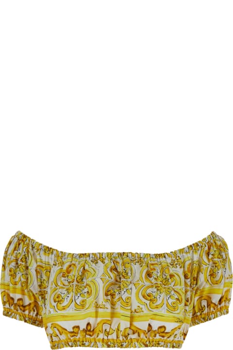 Dolce & Gabbana Topwear for Women Dolce & Gabbana Yellow And White Crop Top With Majolica Print In Cotton Woman