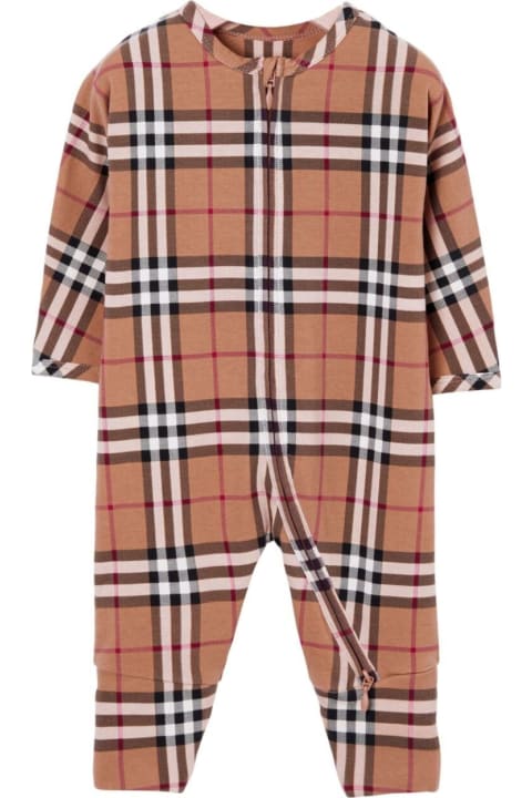 'claude' Beige Onesie With Vintage Check Motif And Zip In Stretch Cotton Baby