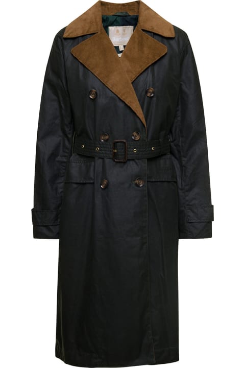 Barbour Coats & Jackets for Women Barbour 'simone' Black Belted Trench Coat With Corduroy Revers In Waxed Cotton Woman