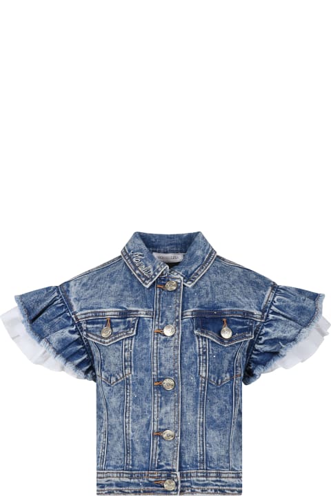 Monnalisa Coats & Jackets for Girls Monnalisa Blue Jacket For Girl With Logo And Rhinestones