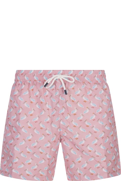 Swimwear for Men Fedeli Pink Swim Shorts With Pelican Pattern
