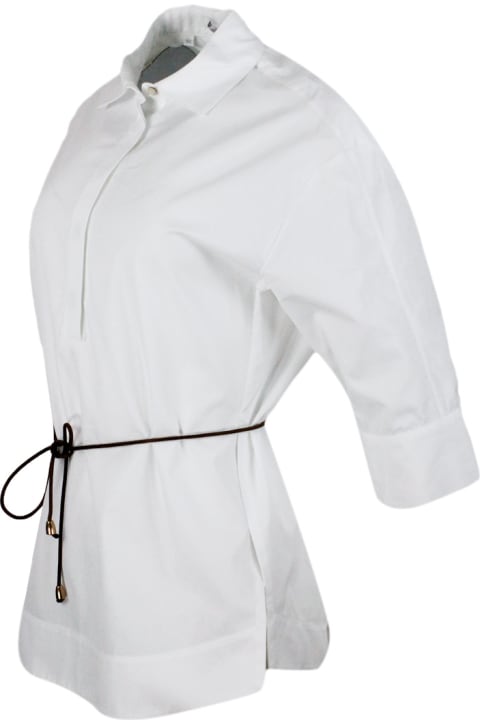 Three-quarter Sleeve Tuck-in Stretch Cotton Shirt With Slits On The Sides With Button Opening On The Neckline