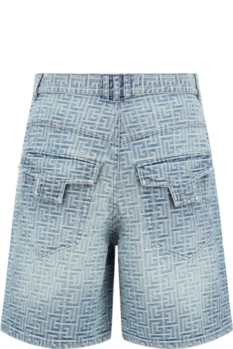 Pants for Men Balmain Blue Denim Straight Shorts With Monogram