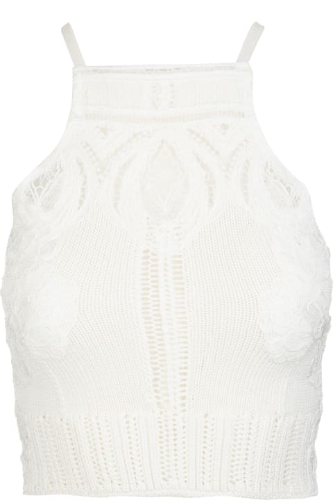 Crop Top In White Knit With Floral Lace And Halter-neck