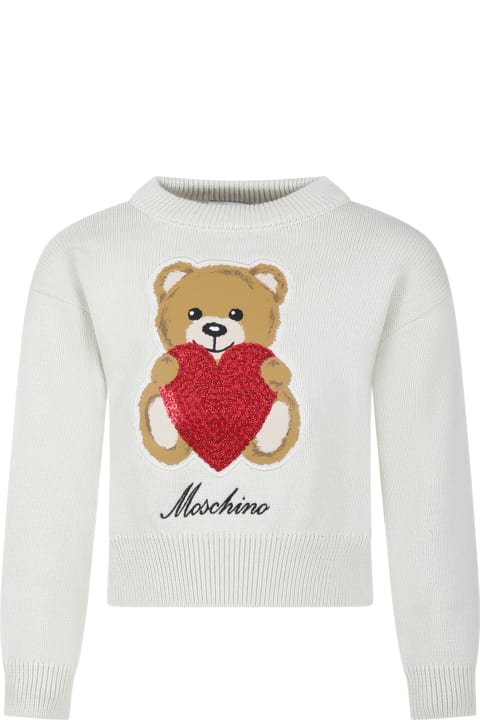 Moschino for Kids Moschino White Sweater For Girl With Teddy Bear And Heart