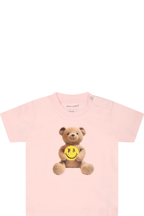 Topwear for Baby Girls Palm Angels Pink T-shirt For Baby Girl With Bear
