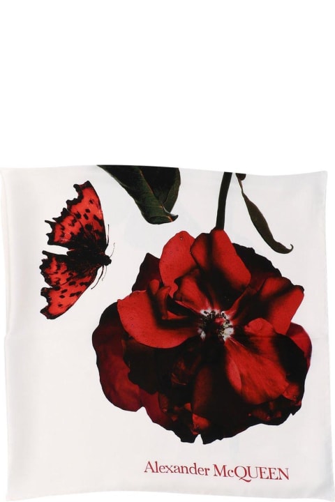 Alexander McQueen Scarves & Wraps for Women Alexander McQueen Logo Detailed Rose Printed Scarf