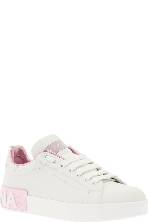 Dolce & Gabbana Sneakers for Women Dolce & Gabbana 'portofino' White And Pink Low Top Sneakers With Logo In Leather Woman