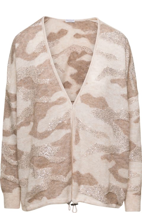 Beige V-neck Cardigan With Camouflage Motif All-over Woman