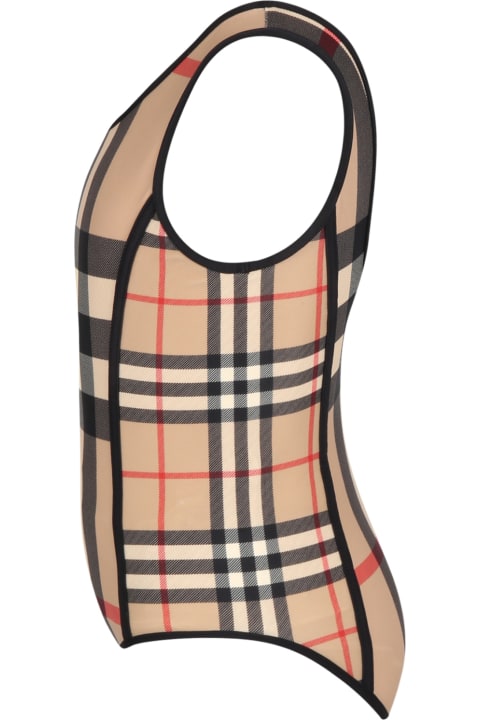 Beige Swimsuit For Girls With Iconic Check