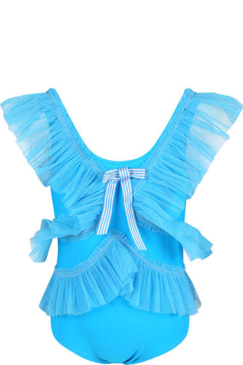 Light-blue Swimsuit For Girl With Ruffles