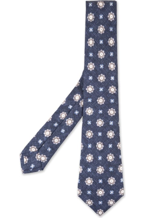 Ties for Men Kiton Navy Blue Tie With Flower Pattern
