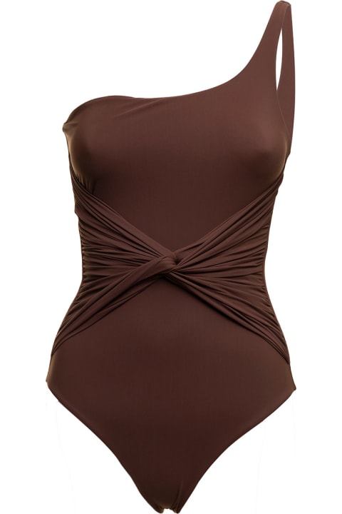 Le Petit Reve Woman's One Shoulder Grace Brown Stretch  Swimsuit  With Knotted Detail