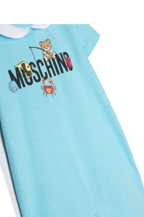 Topwear for Baby Girls Moschino Short Light Blue Playsuit With Logo And Teddy Bear With Fish