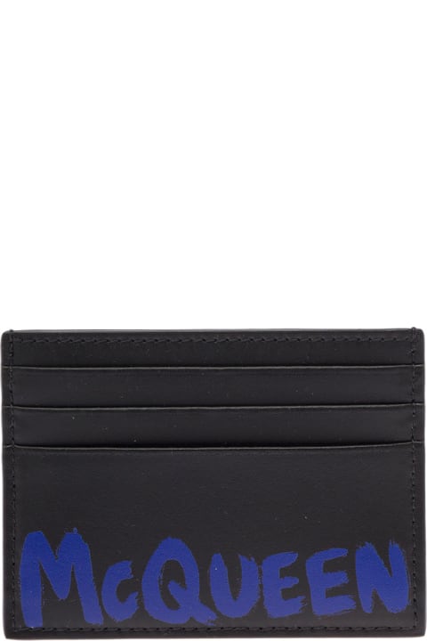 Black Leather  Card Holder With Logo Print  Alexander Mcqueen Man
