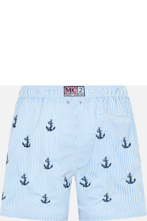 Homeware MC2 Saint Barth Man Mid-length Seersucker Gustavia Swim Shorts With Anchors Embroidery