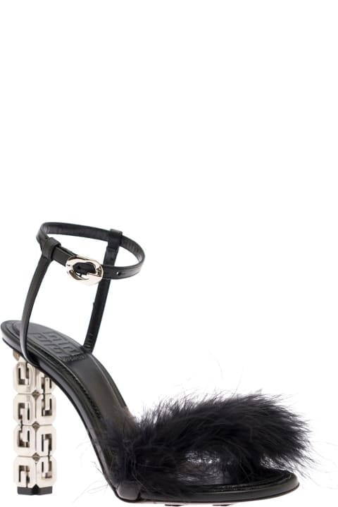 'g Cube' Black Sandals With Branded Heel And Tonal Feathers In Leather Woman
