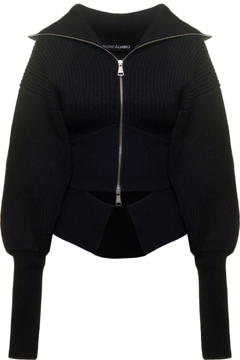 Ribbed Knit Zip-through Wool Sweater Wit