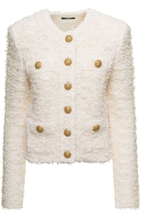 White Tweed Blazer With Golden Buttons In Cotton Blend Woman