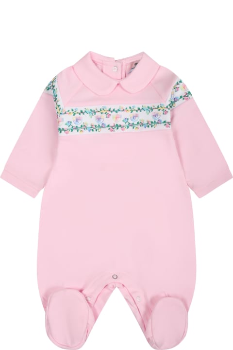 Chiara Ferragni Bodysuits & Sets for Baby Boys Chiara Ferragni Pink Playsuit For Baby Girl With Flirting Eyes And Multicolor Roses