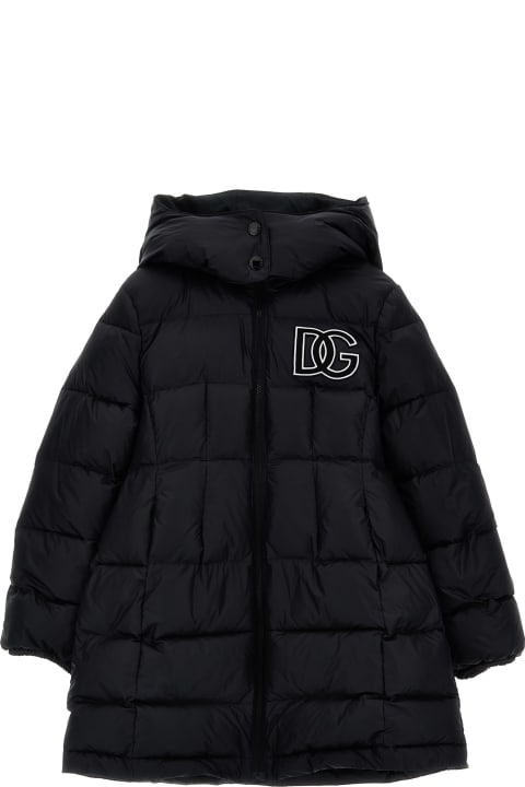 Long Down Jacket With Logo Embroidery