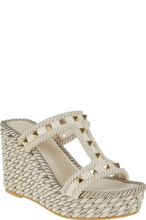 Valentino Garavani Slide Espadrillas | Rockstud Torchon | T. 25/90 | Vitello/platinum Studs/corda Seta Lurex