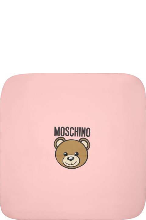 Moschino for Kids Moschino Ivory Baby Girl Blanket With Teddy Bear And Logo