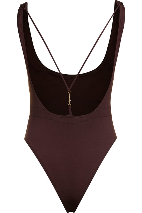 Brown One-piece Swimsuit With Logo-plaque In Recycled Polyester Woman