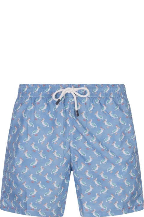 Swimwear for Men Fedeli Light Blue Swim Shorts With Pelican Pattern