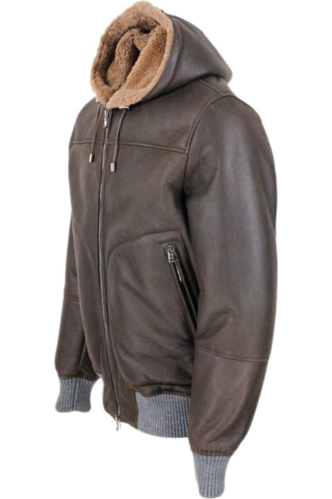 Barba Napoli for Men Barba Napoli Shearling Bomber Jacket With Hood With Drawstring And Trims In Stretch Knit And Zip Closure