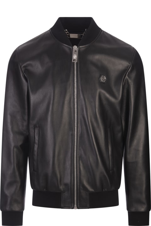 Philipp Plein Coats & Jackets for Men Philipp Plein Black Leather Bomber Jacket With Pp Hexagon