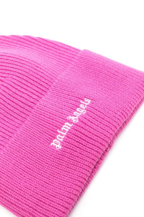 Accessories for Women Palm Angels Fuchsia Wool Blend Beanie With White Logo