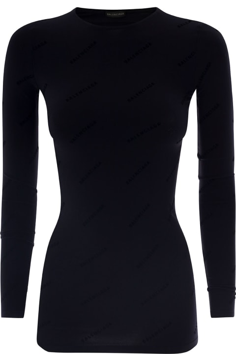 Black Long Sleeved T-shirt With Logo Print All-over In Polyammide Man