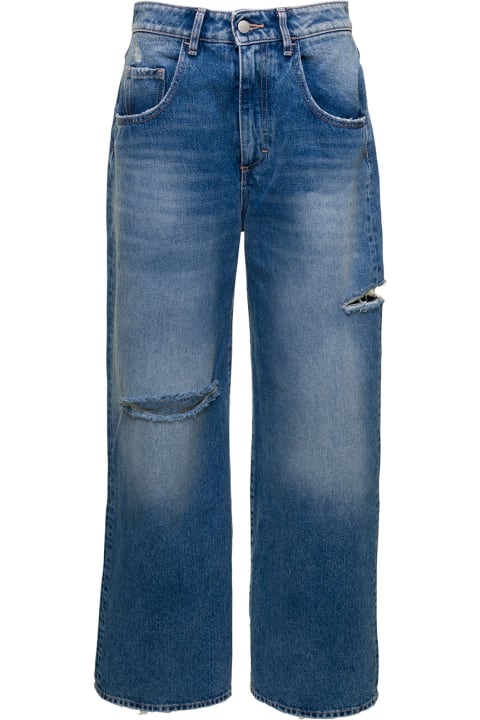 Light Blue High-waisted Jeans With Rips In Organic Cotton Denim Woman