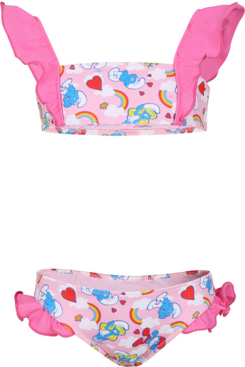 MC2 Saint Barth Swimwear for Girls MC2 Saint Barth Pink Bikini For Girl With Smurfs Print
