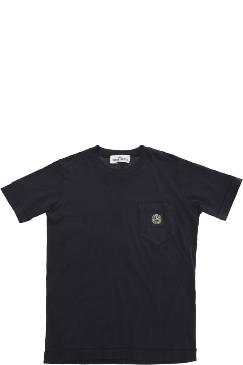 Topwear for Boys Stone Island Blue Crewneck T-shirt With Logo Patch In Cotton Boy
