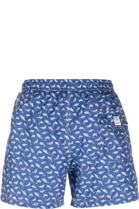 Fedeli for Men Fedeli Blue Swim Shorts With Light Blue Dolphin Pattern