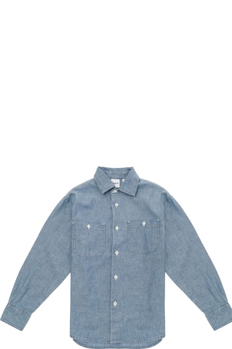 Light Blue Long-sleeve Shirt With Logo Label In Cotton Boy