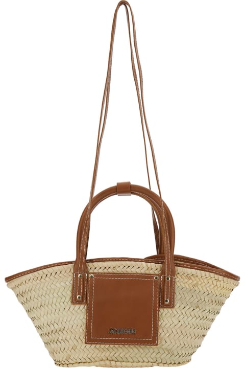 Jacquemus 'le Panier Soli' Beige And Brown Tote Bag With Patch Pocket And Logo In Straw And Leather Woman