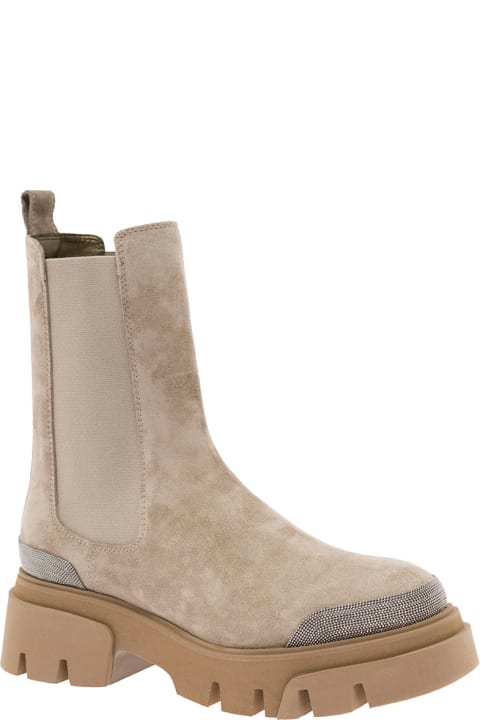 Taupe Ankle Boots In Suede With Monile Embellishment Brunello Cucinelli Woman