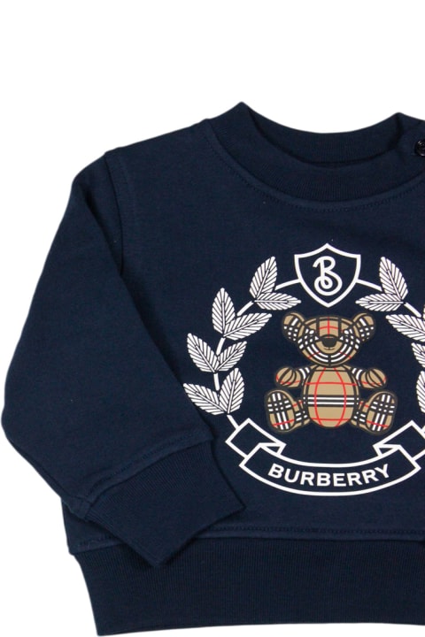 Topwear for Baby Girls Burberry Crewneck Sweatshirt With Buttons On The Neck In Cotton Jersey With Classic Check Teddy Bear Print On The Front