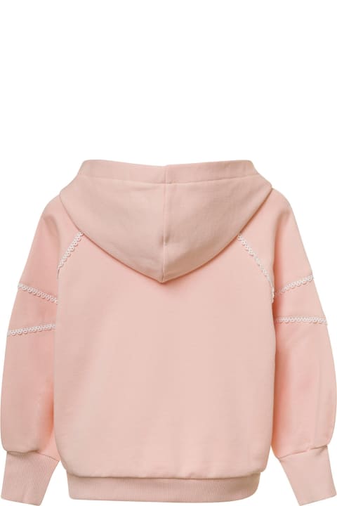 Pink Hoodie With Lace Inserts In Cotton Girl