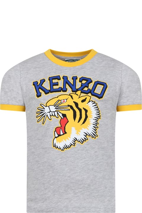 Kenzo Kids T-Shirts & Polo Shirts for Boys Kenzo Kids Gray T-shirt For Boy With Iconic Tiger And Logo