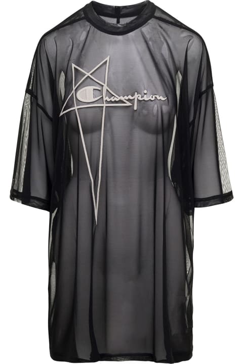 'tommy T' Black Oversize T-shirt With Pentagram Embroidery At The Front In Micromesh Man