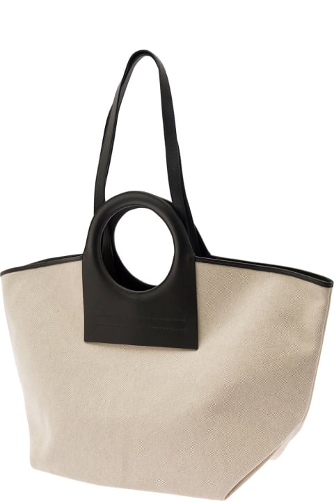 Hereu حقائب توتي لـ السيدات Hereu 'cala' White And Black Handbag With Leather Handles In Canvas Woman