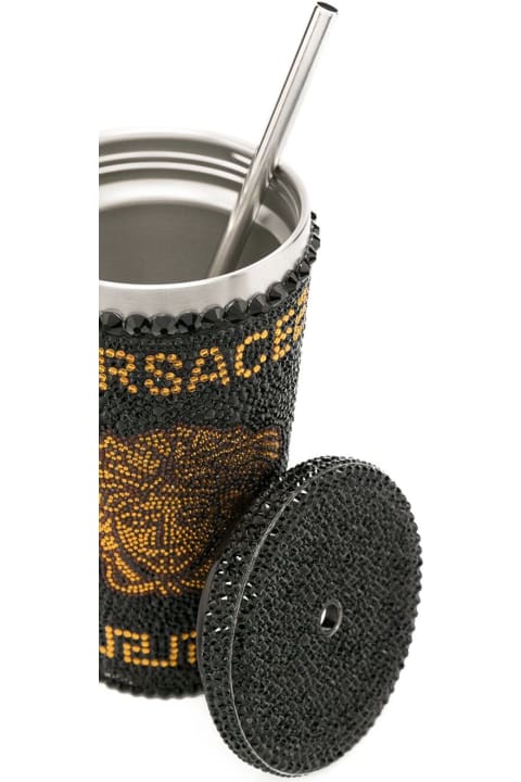 Cup With Lid And Black And Gold Straw In Metal And Plastic Descorazione With Strass
