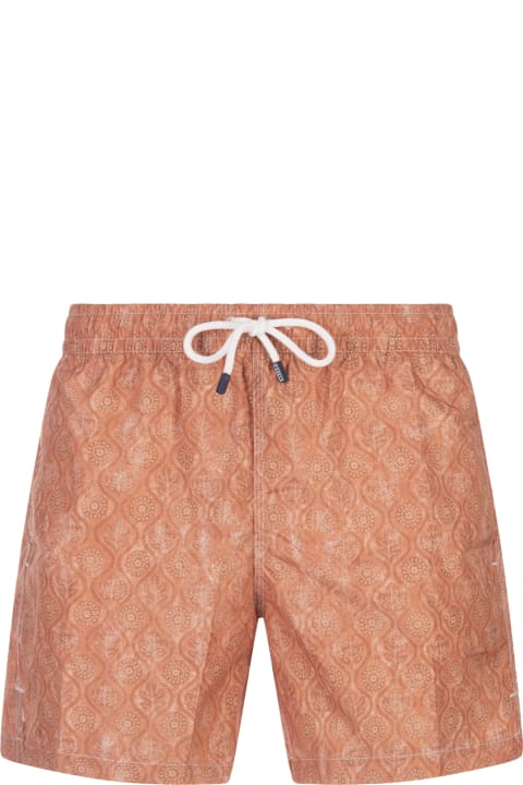 Fedeli for Men Fedeli Orange Swim Shorts With Flower And Leaf Pattern